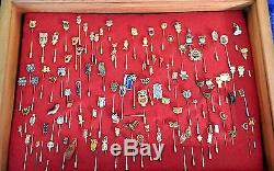 100 Vtg Quality Enamel Pewter Gold Plate Sterling Camero Owl Stick Pin With Case
