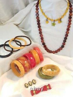 15 VTG Bakelite Jewelry Lot Bracelets, Necklaces, Pins, Carved, Rare Colors 400g