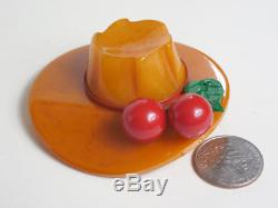 1930 1940 Huge Vtg Bakelite Butterscotch Marbled Hat Brooch Pin with Cherries