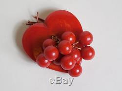1930 1940 Large Vintage Bakelite Red Heart with Cherries Cherry Pin Brooch Rare