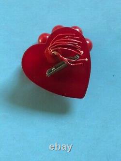1930 1940 Large Vintage Bakelite Red Heart with Cherries Cherry Pin Brooch Rare