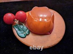 1930's Butterscotch Bakelite Hat Brooch Pin With Cherries TESTED