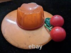 1930's Butterscotch Bakelite Hat Brooch Pin With Cherries TESTED