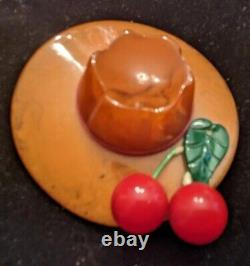 1930's Butterscotch Bakelite Hat Brooch Pin With Cherries TESTED