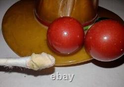 1930's Butterscotch Bakelite Hat Brooch Pin With Cherries TESTED