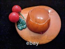 1930's Butterscotch Bakelite Hat Brooch Pin With Cherries TESTED