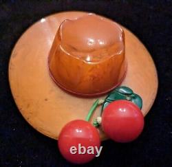 1930's Butterscotch Bakelite Hat Brooch Pin With Cherries TESTED