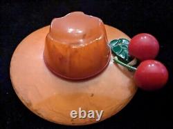 1930's Butterscotch Bakelite Hat Brooch Pin With Cherries TESTED