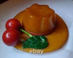 1930's Butterscotch Bakelite Hat Brooch Pin With Cherries TESTED