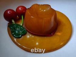 1930's Butterscotch Bakelite Hat Brooch Pin With Cherries TESTED