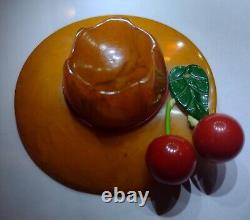 1930's Butterscotch Bakelite Hat Brooch Pin With Cherries TESTED