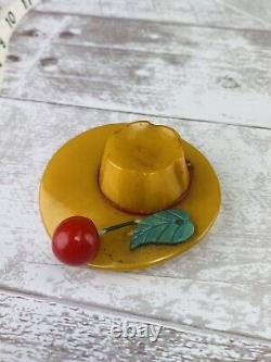1930's Butterscotch Bakelite sun summer Hat Brooch Pin With Cherries as is