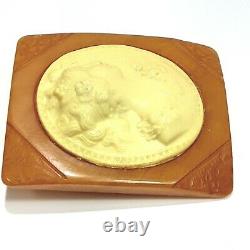1930's Vintage Butterscotch Bakelite & Ivory Color Celluloid Cameo Brooch Pin