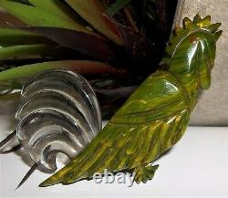 1930s Bakelite Carved Bird of Paradise Marbled Mississippi Mud Green Pin Brooch