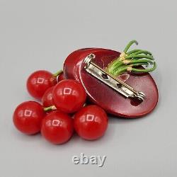 1930s Red Bakelite 8 Cherry Carved Log Green Stem Dangle Brooch