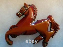 1940's Vintage Bakite Amber Carved Horse Pin with Brass Rivets