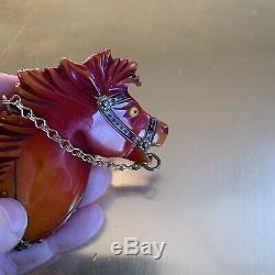 1940s BAKELITE Carved 3 Horse Head Pin Brooch Book Piece Tested Vintage