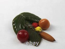 1940s Bakelite Fruit Salad Cluster Pin Brooch Dangling Carved Green Leaves Rare