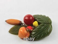 1940s Bakelite Fruit Salad Cluster Pin Brooch Dangling Carved Green Leaves Rare