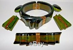 1940s Bakelite Ribbon Hinged Bracelet, Brooch Pin, dress scarf clips, earrings