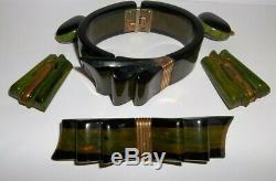 1940s Bakelite Ribbon Hinged Bracelet, Brooch Pin, dress scarf clips, earrings