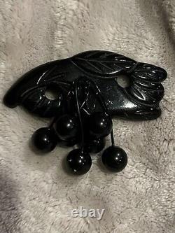 1940s Black Bakelite Bow Brooch Pin with Dangling Cherries Figural Rare