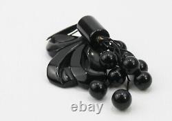 1940s Black Bakelite Bow Brooch Pin with Dangling Cherries Figural Rare