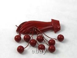 1940s Cherry Red Bakelite Hand Brooch Pin with Dangling Cherries Figural