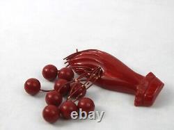 1940s Cherry Red Bakelite Hand Brooch Pin with Dangling Cherries Figural