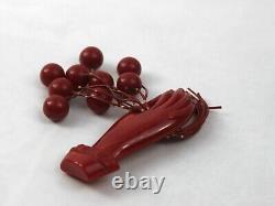 1940s Cherry Red Bakelite Hand Brooch Pin with Dangling Cherries Figural