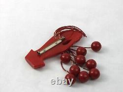 1940s Cherry Red Bakelite Hand Brooch Pin with Dangling Cherries Figural