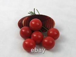 1940s Cherry Red Bakelite Log Brooch Pin with Dangling Cherries Figural