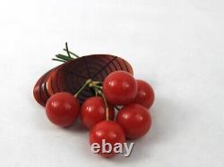 1940s Cherry Red Bakelite Log Brooch Pin with Dangling Cherries Figural