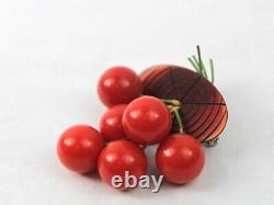 1940s Cherry Red Bakelite Log Brooch Pin with Dangling Cherries Figural