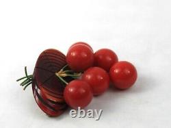 1940s Cherry Red Bakelite Log Brooch Pin with Dangling Cherries Figural