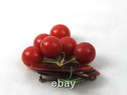 1940s Cherry Red Bakelite Log Brooch Pin with Dangling Cherries Figural