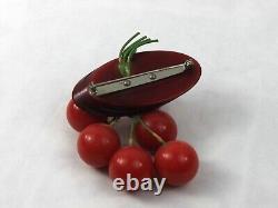 1940s Cherry Red Bakelite Log Brooch Pin with Dangling Cherries Figural