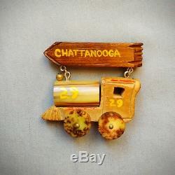 1940s Vintage BAKELITE and WOOD Dangling CHATTANOOGA Train Brooch Pin