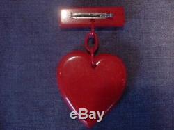1940s Vintage Big Red Bakelite Heart Pin With Fine Yellow Butterscotch Swirl