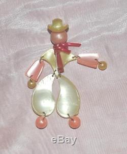 1950s VTG COSTUME JEWELRY ARTICULATED PIN, THERMOSET MOONGLOW FIGURAL COWBOY