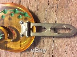 2 Vintage Bakelite Celluloid Apple Juice Pin Brooch Set Reverse Carved Asters