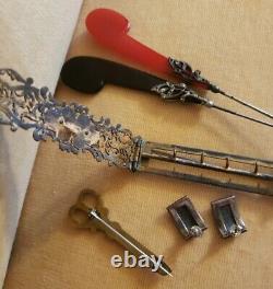 2 Vtg 1920s Art Deco Bakelite Feather Marcasite Hat Pins Earrings Brooch Buckle