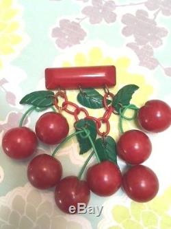 3 piece set vintage bakelite cherry pin, necklace and bracelet