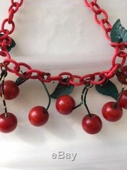 3 piece set vintage bakelite cherry pin, necklace and bracelet