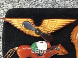 (4) Original 1940s Antique Vintage Bakelite Pin Lot Airplane Pony Jockey & Hat