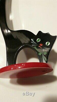 ADORABLE RARE VINTAGE 1940s RED & BLACK BAKELITE CAT RING HOLDER PIN UP VLV