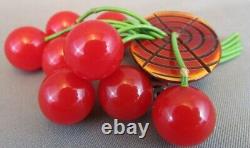 AMAZING 1940's Antique RED BAKELITE CHERRIES Fruit Brooch Pin 100% tested
