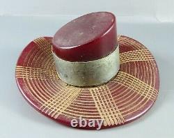 AMAZING Vintage BAKELITE RED HAT Pin Brooch DARK CHERRY Wide Silver Band CARVED