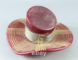 AMAZING Vintage BAKELITE RED HAT Pin Brooch DARK CHERRY Wide Silver Band CARVED