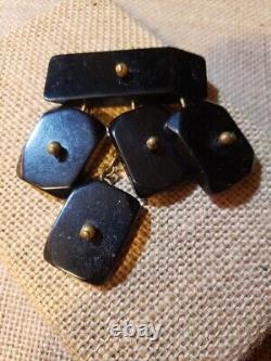 ART DECO BAKELITE MODERNIST Drop / Charm Black Brass Brooch Pin Goth Vintage